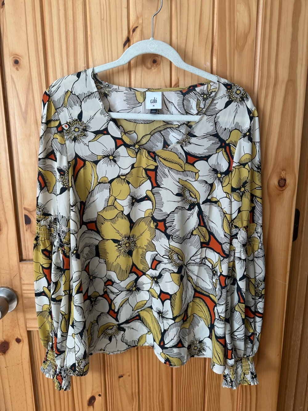 CAbi Floral Blouse in Mustard, Ivory & Black with Orange Accents